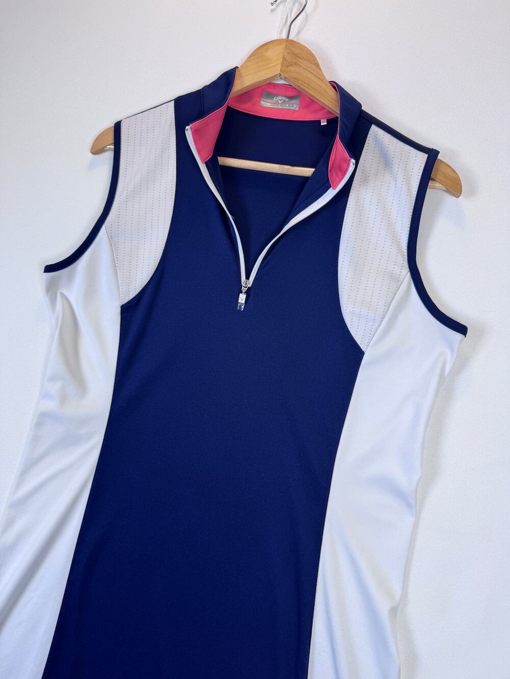 Callaway Opti Dri Golf Dress Navy White Pink Sleeveless Quarter Zip  Womens L